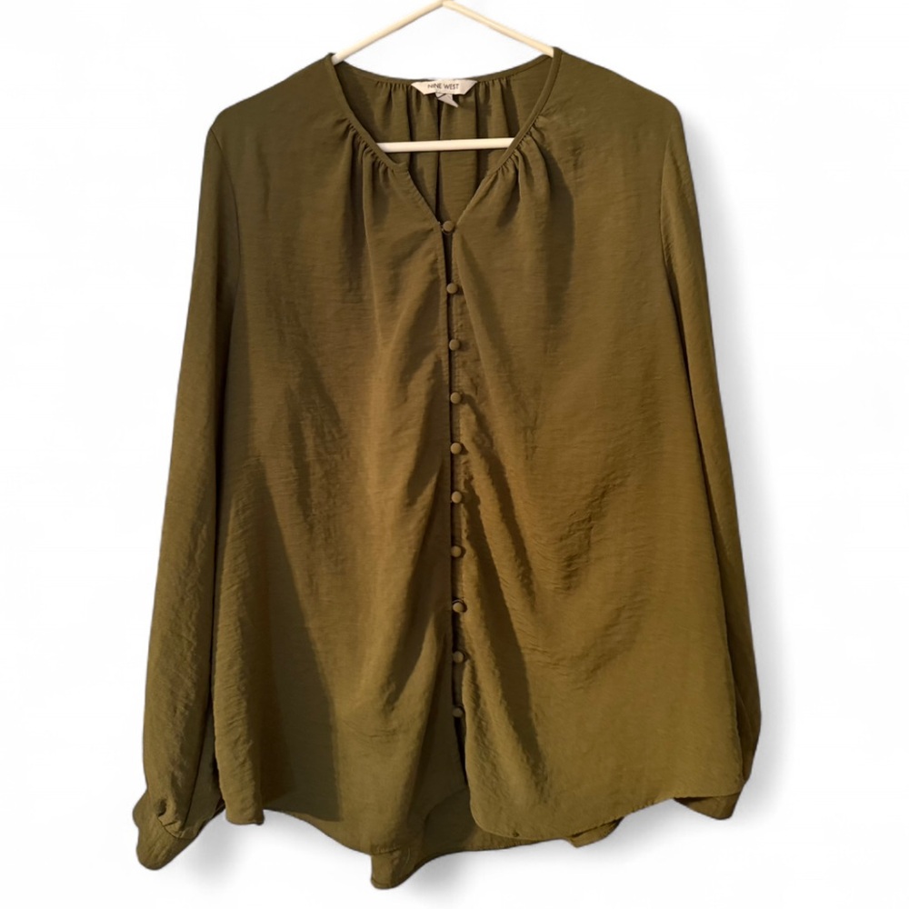 Nine West Olive Green Button-Down Blouse